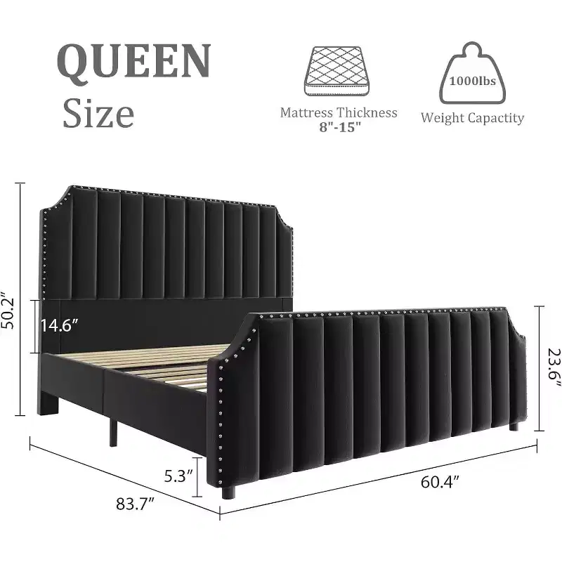Bed Frame, Metal Platform Velvet Bed Frame with Nailhead Trim, 50.2 in Tall Headboard, Footboard, Sturdy Wooden Slats Support, Noise Free, Black