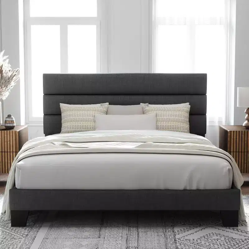 Allewie Platform Bed Frame with Fabric Upholstered Headboard and Wooden Slats Support, Fully Upholstered Mattress Foundation/No Box Spring Needed