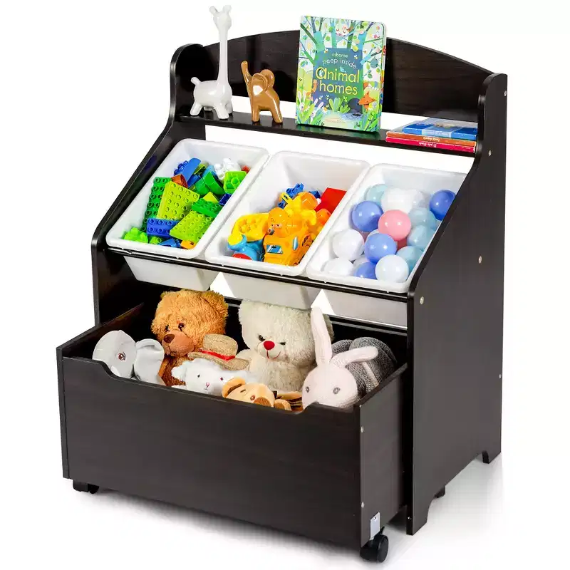 Kids Wooden Toy Storage Unit Organizer w/Rolling Toy Box & Plastic Bins Natural\Espresso