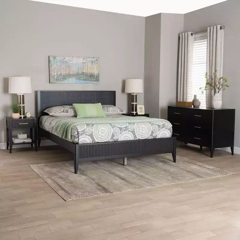 Baxton Studio Primrose Mid-Century Black Fluted Wood 4-Piece Bedroom Set