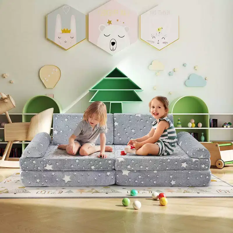 Costway 8 PCS Modular Kids Play Couch with Handles Machine Washable Covers for Building Fort Gray/Multicolor