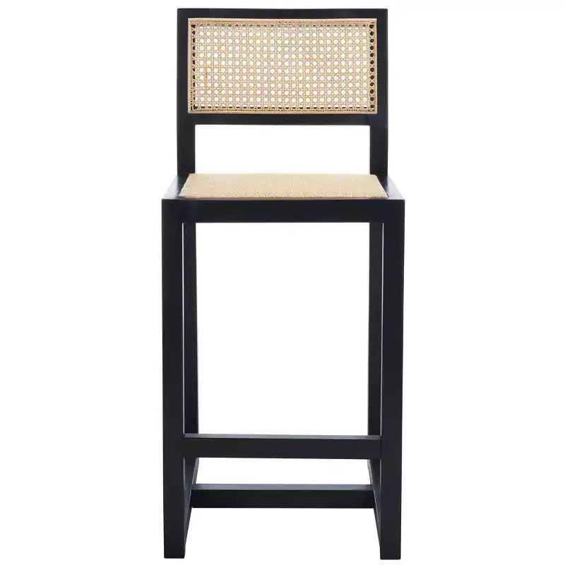 Rattan Counter Stool, Natural Woven Seat with Wood Frame, Bohemian Kitchen or Bar Stool