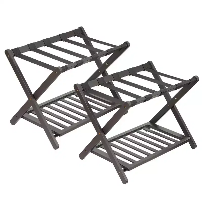 Folding Bamboo Luggage Rack with 2-Tier Shelf Heavy-Duty Suitcase Stand for Guest Rooms & Hotels