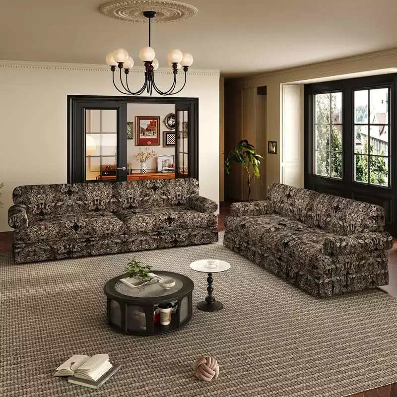 74-Inch 3-Seater Upholstered Sofa with Rolled Arms and Pleated Skirt, Black Floral
