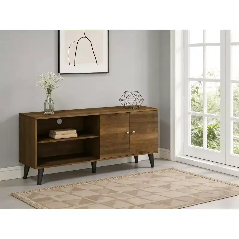 JVNOXK 47.3-inch Modern Living Room Entertainment Center, suitable for TVs under 50 inches, featuring 2-tier storage shelves and 1 cabinet, Brown
