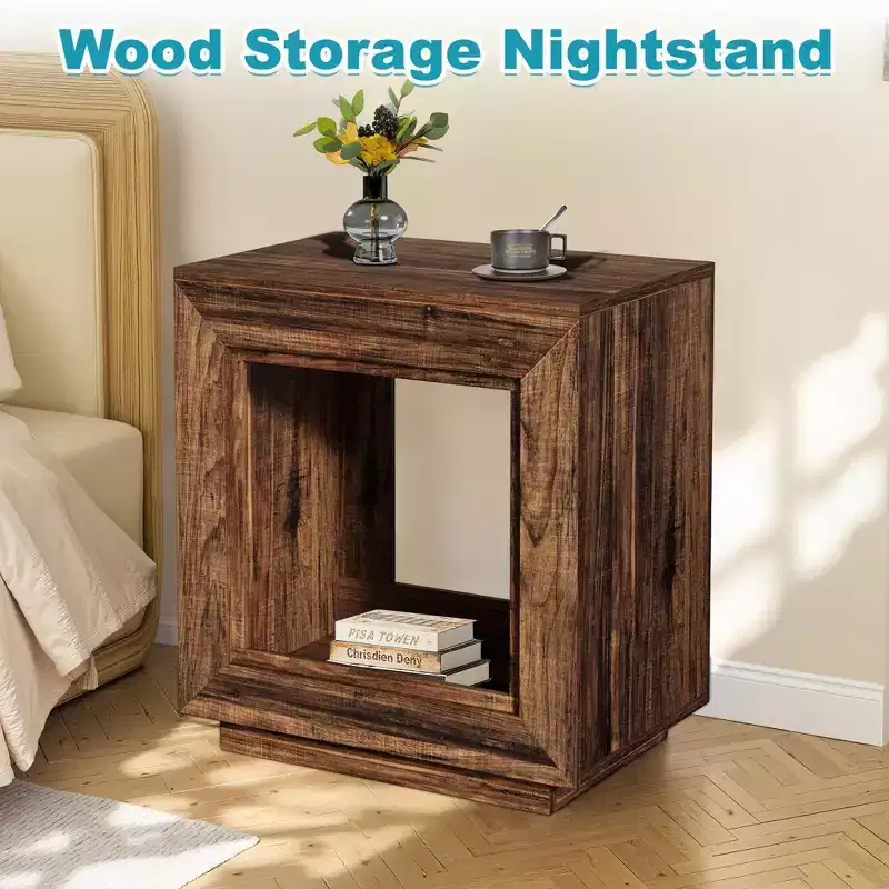 Rustic Walnut Finish Wood End Table,Heavy-Duty Nightstand with Ample Storage,Bedroom & Living Room Side Table