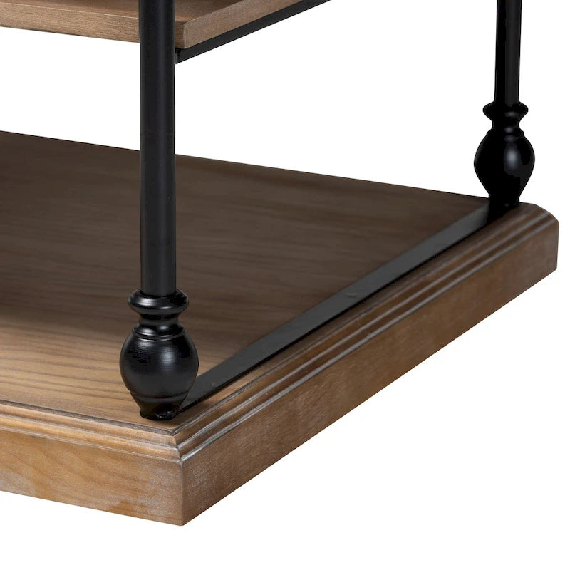 Traditional Industrial Wood and Black Metal 3-Tier End Table