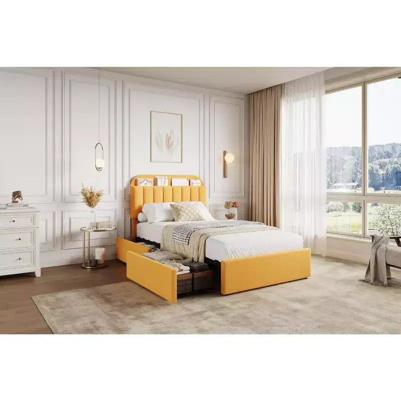 Acekool Twin Platform Bed Frame for Kids, Upholstered Headboard with Storage Shelf, 2 Rolling Drawers, Noise Free, No Box Spring Needed, Yellow