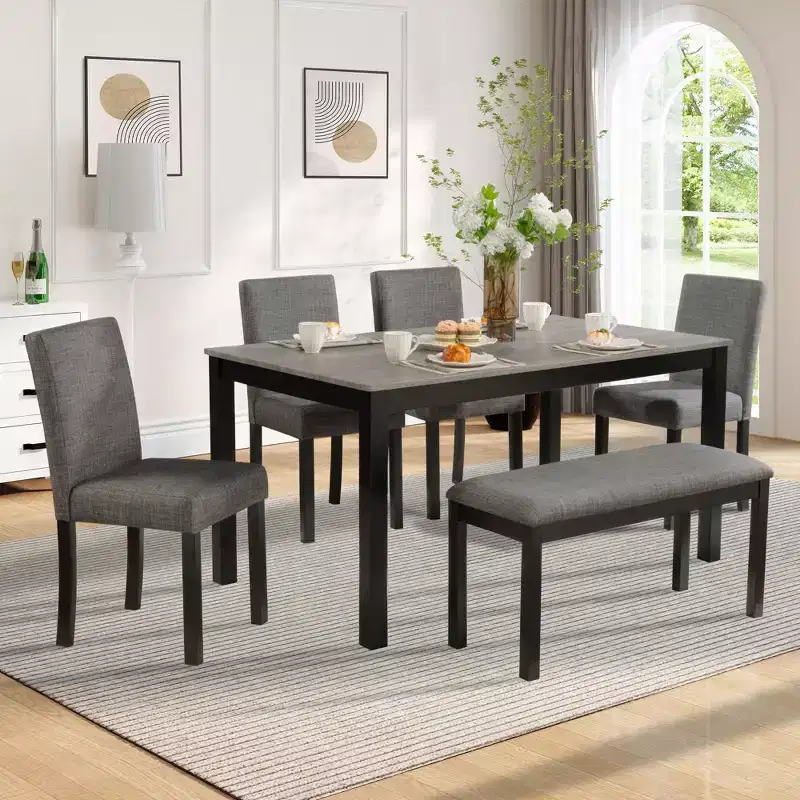 6-Piece Dining Table Set with Bench and Chairs, Dining Table Set for 6 with Bench, Wooden Dining Table Set for Kitchen, Dining Room