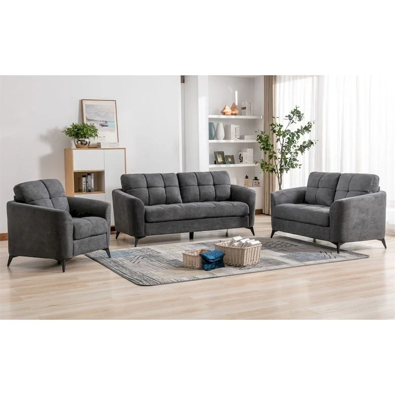 Grey Velvet Tufted 3-Piece Sofa Set (Sofa + Loveseat + Chair)