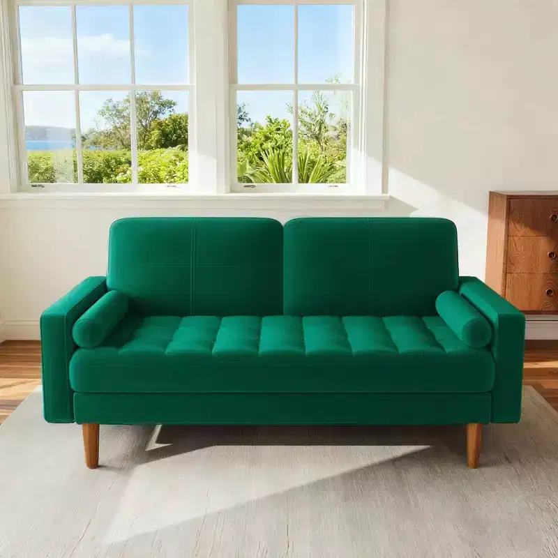 Dyonery 67 Sofa Velvet Loveseat Couch Mid Century Modern Sofa Couch with Solid Wood Legs Beige