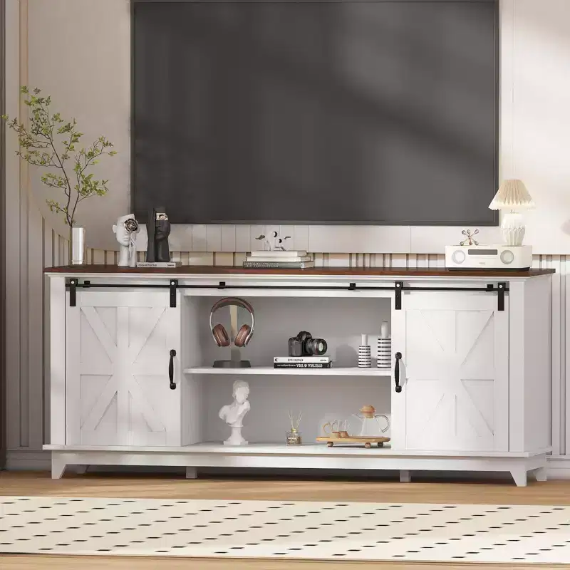 Farmhouse TV Stand for 75 in Television, Wood Entertainment Center,Media TV Console Table Cabinet