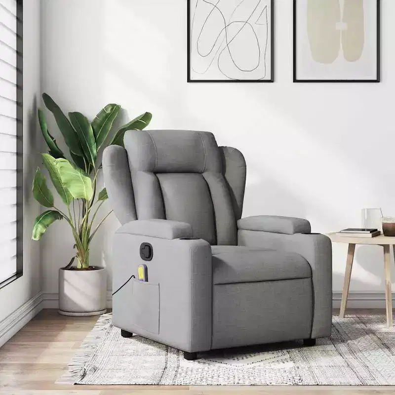 vidaXL Massage Recliner Chair - Light Gray Fabric, 6-Point Vibration, Manual Reclining, Cup Holders, Armchair with USB Power Source