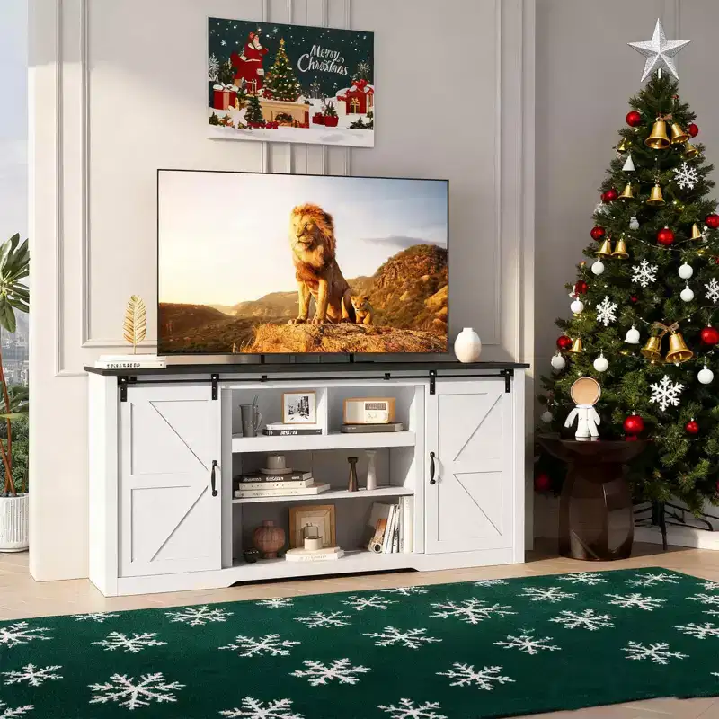 70 Farmhouse TV Stands for 80 TVs, Rustic Wooden Entertainment Center with Adjustable Shelves & Sliding Barn Door,TV Console Table with Open Storage