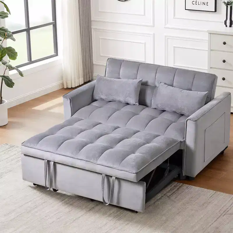 3-in-1 Convertible Sleeper Sofa Bed Pull Out Couch Velvet Loveseat with Pillows Gray