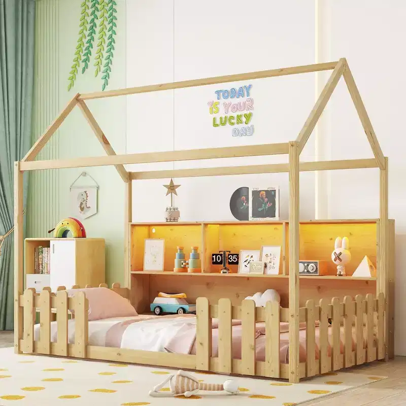 Okak Playhouse Floor Bed Twin Size with Guardrails,Kids Cottage Bed with Storage Bookshelf, Wooden House Bed Frame