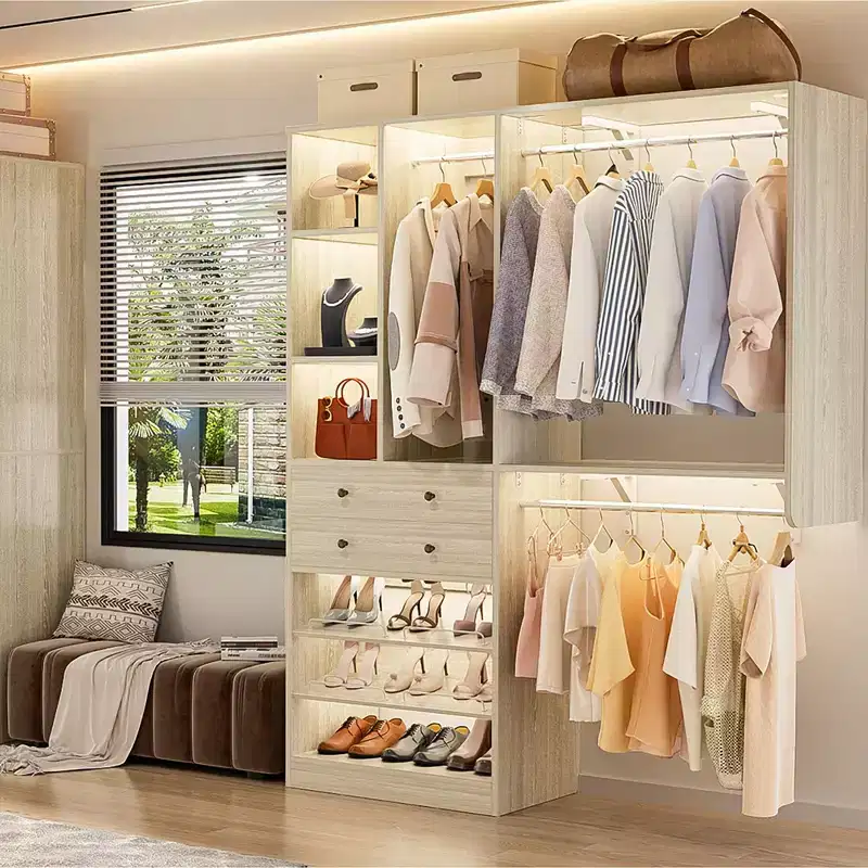Besiost Closet System with Wooden Drawers and Two Hanging Rods