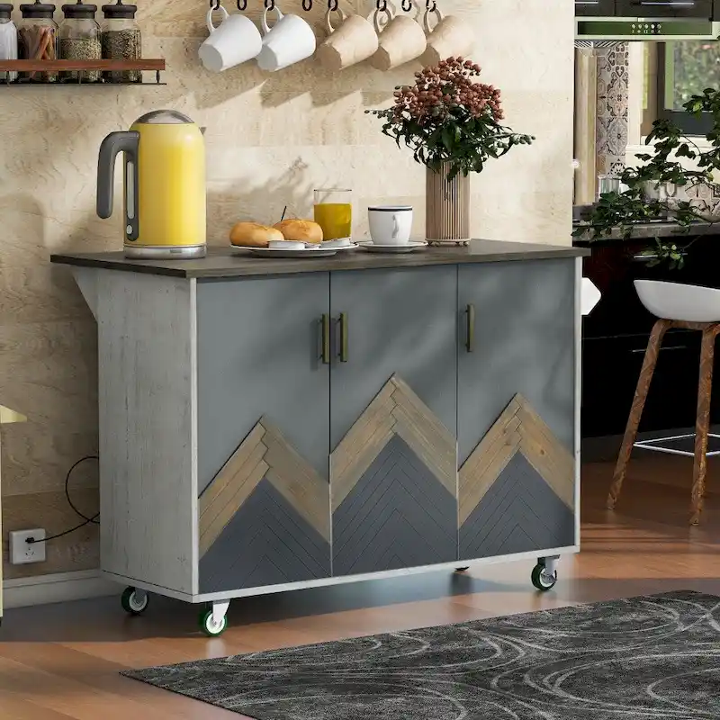 Retro MDF Kitchen Island on Wheels with Drop Leaf and Towel Rack