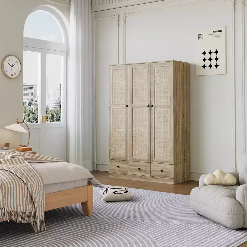 Famapy Rattan Wardrobe with 3 Drawers,3 Breathable Rattan Doors Closet,Farmhouse Style Tall Storage Armoire for Bedroom