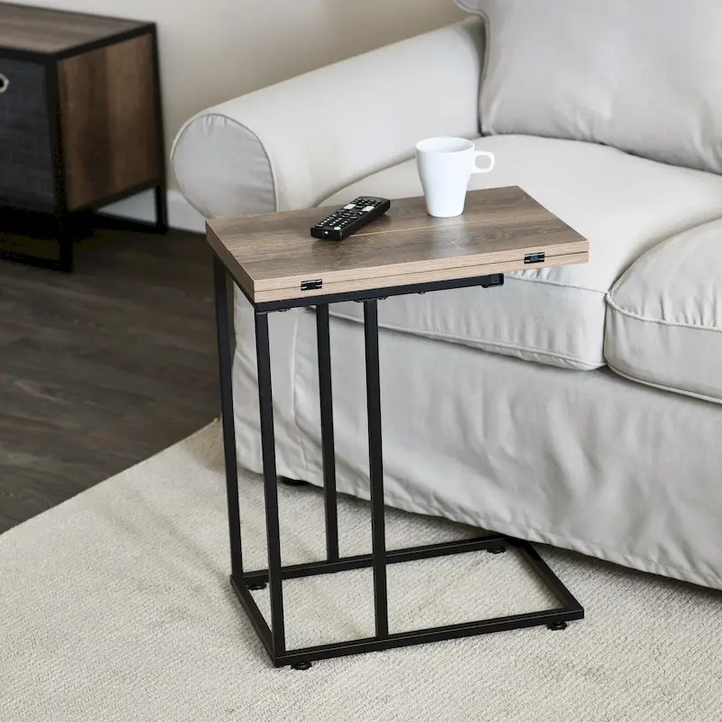 C-Shape Side Table, Faux Stone Top, Black Frame, Space-Saving Design