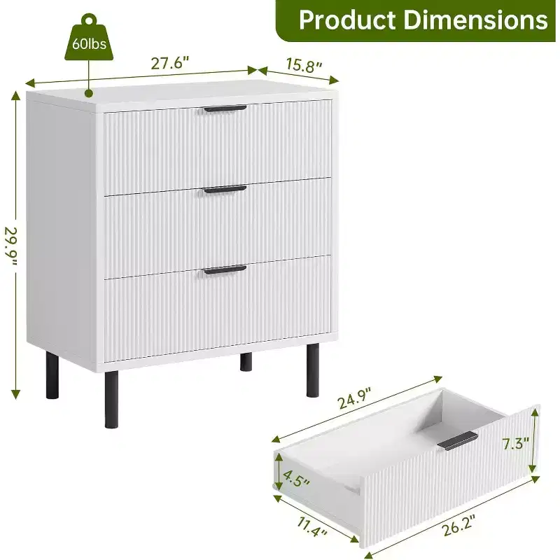COZONY Wave Fluted 3-Drawer Dresser, Modern Wood Storage Cabinet with Metal Legs, Bedroom Chest Organizer 2 pcs with 2 boxs shipping