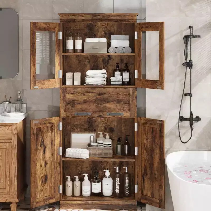 GustoWave 66.9Storage Cabinet with Doors and Shelves, Tall Bathroom Cabinet with Drawer, Freestanding Floor Pantry Cabinet