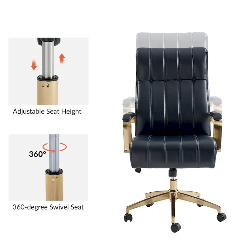 Mid-Century Modern Vegan Leather Swivel Tilting Office Chair with Channel Tufted and Metal Feet