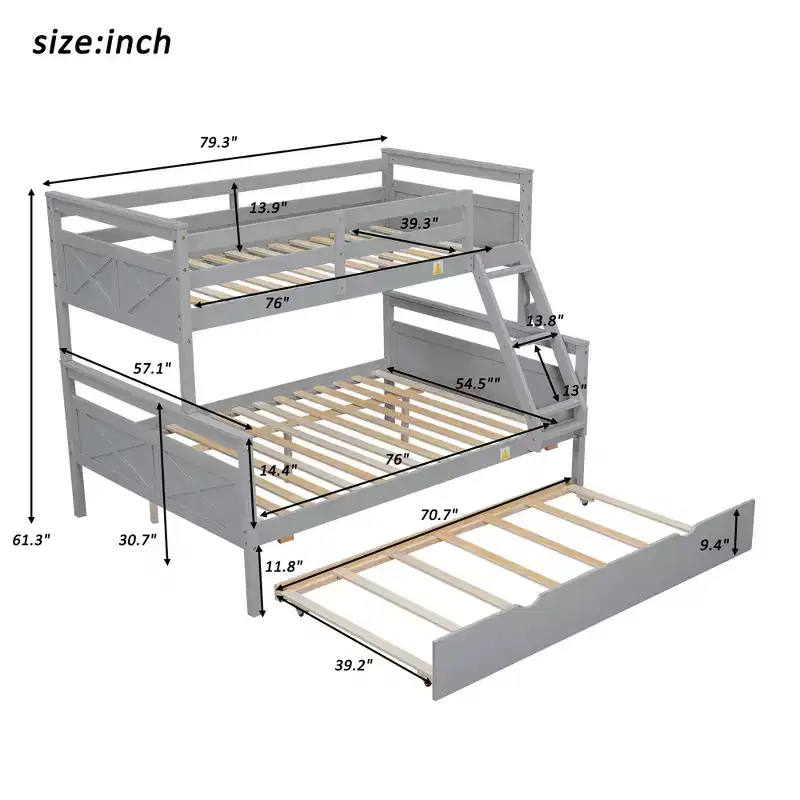 Twin over Full Bunk Beds with Trundle, Solid Wood Bunk Bed Frame with for Kids Teens Adults, Can be Convertible to 2 Beds