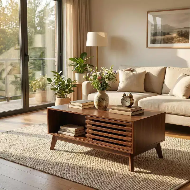 Modern Wooden Lift Top Coffee Table with Slatted Sliding Door and Hidden Storage