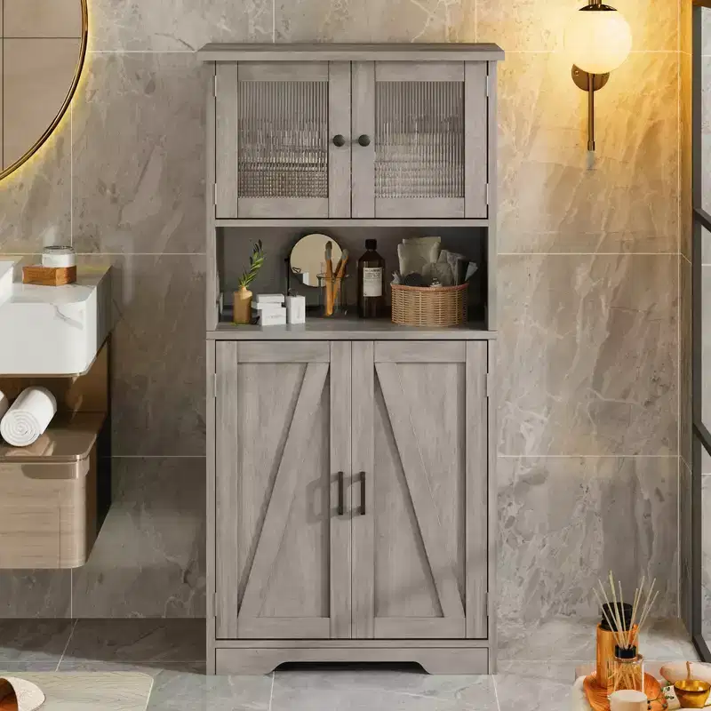 Tall Bathroom Cabinet 50.4H Bathroom Storage Cabinet with Doors and Adjustable Shelves Kitchen Pantry Cabinet Living Room Cupboard