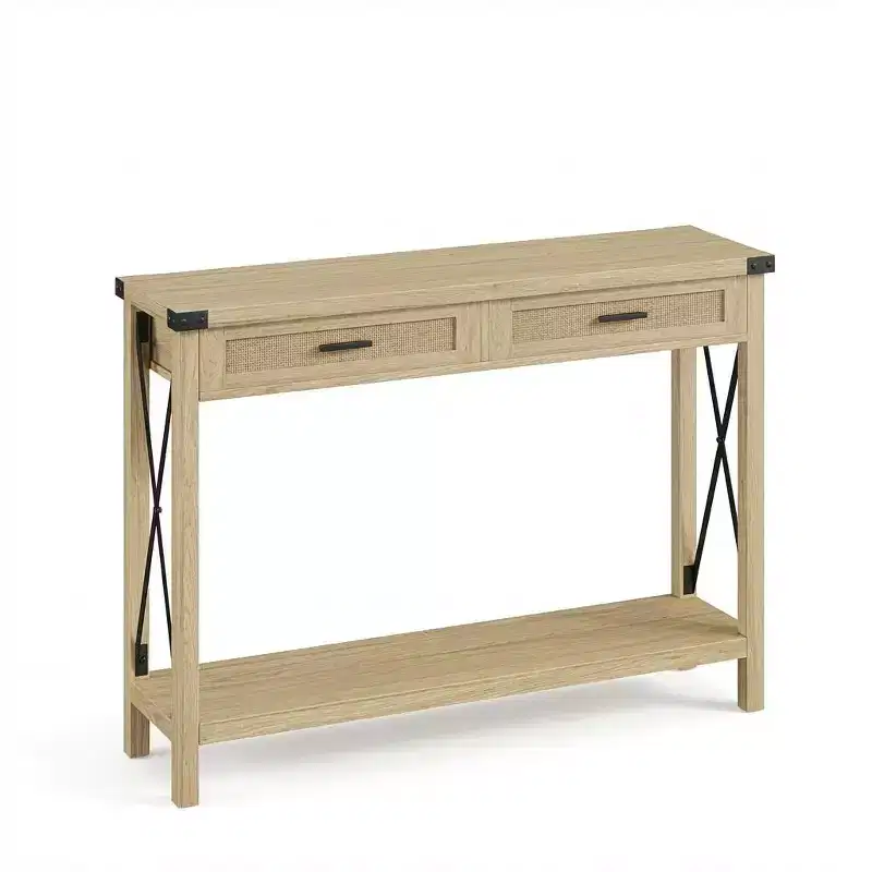 Modern Farmhouse Console Table with 2 Drawers, 43 Rustic Wood Ratten Narrow Table for Entryway Living Room Hallway