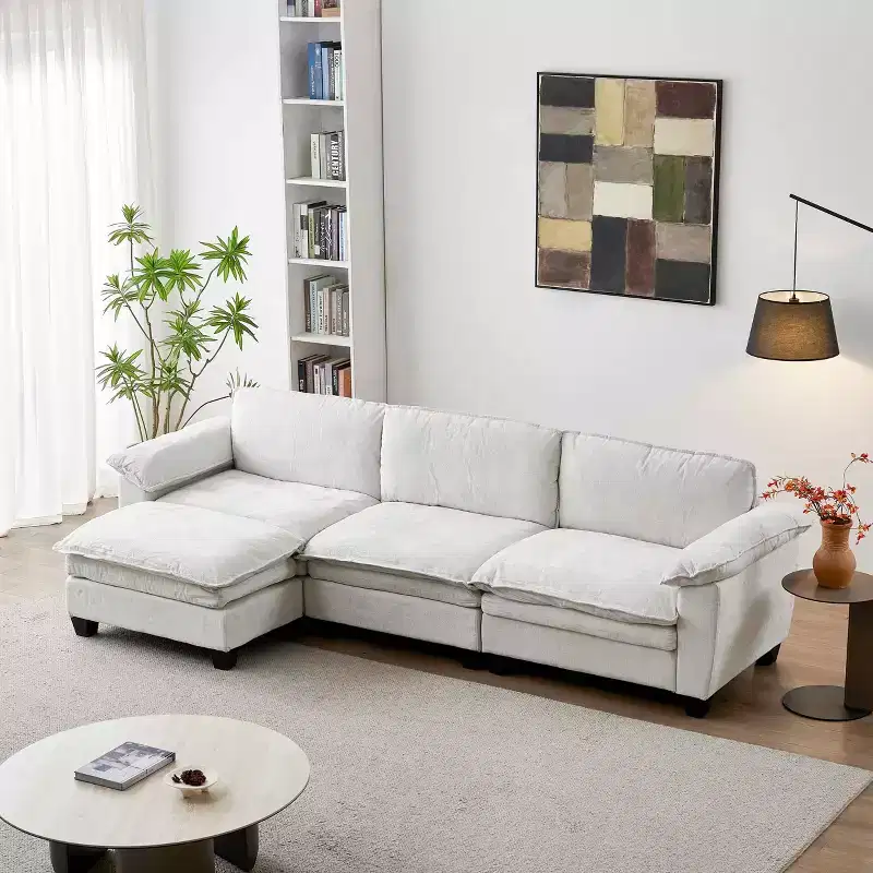 MAYEERTY Modern Luxury Sofa with Ottoman Soft Chenille Upholstered Sofa for Living Room Beige