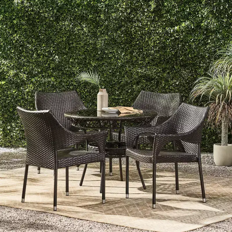 GDFStudio Blythe Outdoor Wicker and Tempered Glass 5 Piece Dining Set