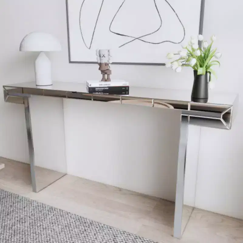 60 Mirrored Console Table with Fluted Glass Accents, Modern Full-Length Entryway Table for Living Room, Hallway or Behind Sofa - Panipeachy