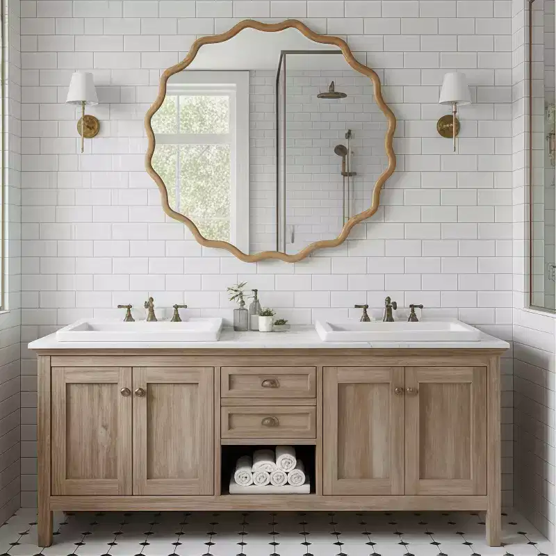 PexFix 30 Wavy Round Solid Wood Frame Decorative Mirror Modern Farmhouse Wall Mirror For Bedroom Bathroom Living Room Entryway Natural Wood