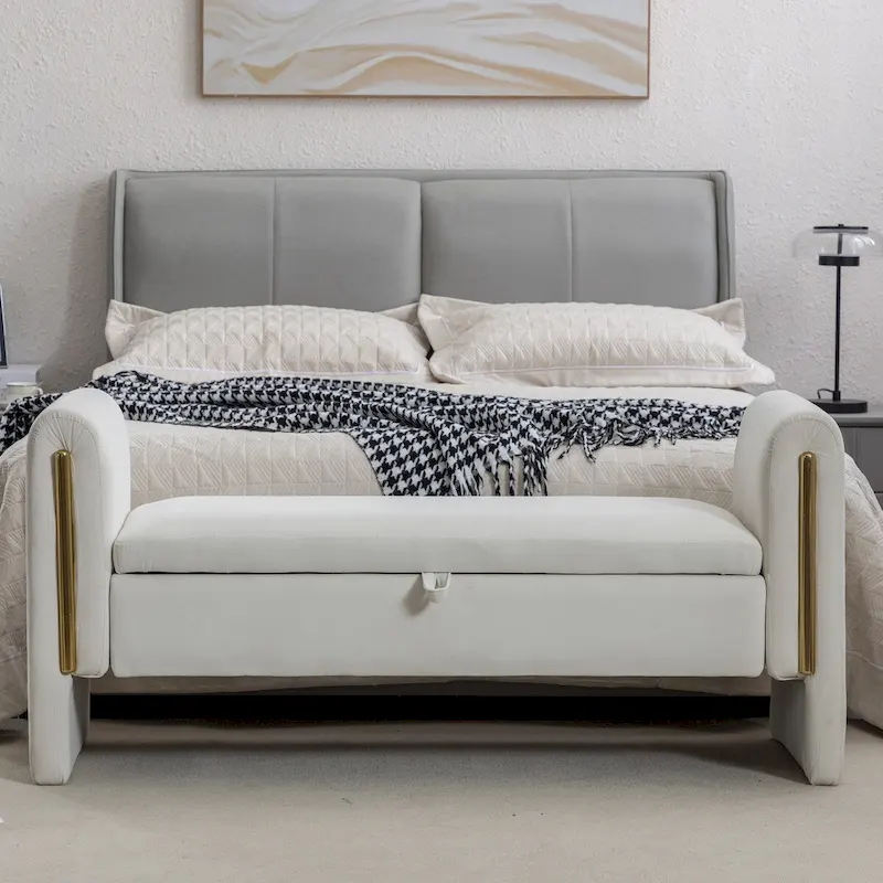Velvet Storage Bench with Gold Metal Trim – Ivory, 1-Person Seating