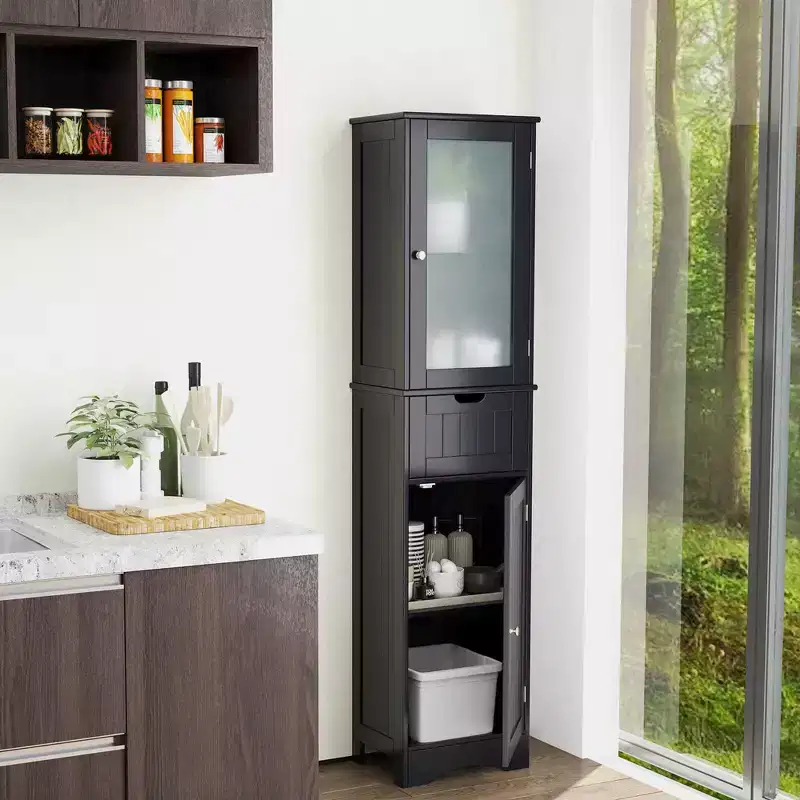 Costway Bathroom Tall Cabinet Freestanding Linen Tower with Doors & Drawer Black/Grey/White