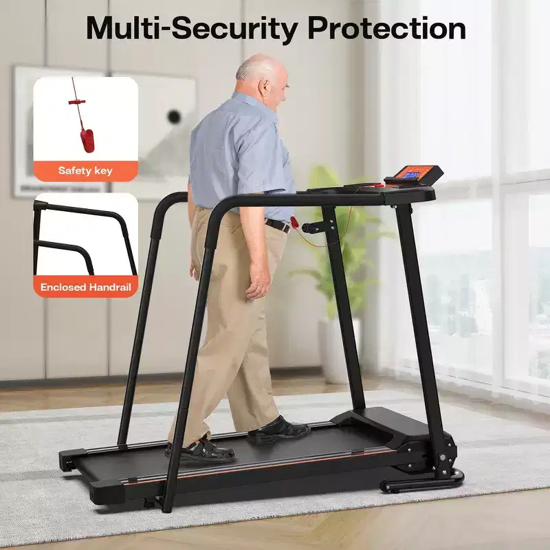 Whisen Walking Foldable Treadmill, Extended Handrails for Recovery Fitness Running Machine - Black & Orange