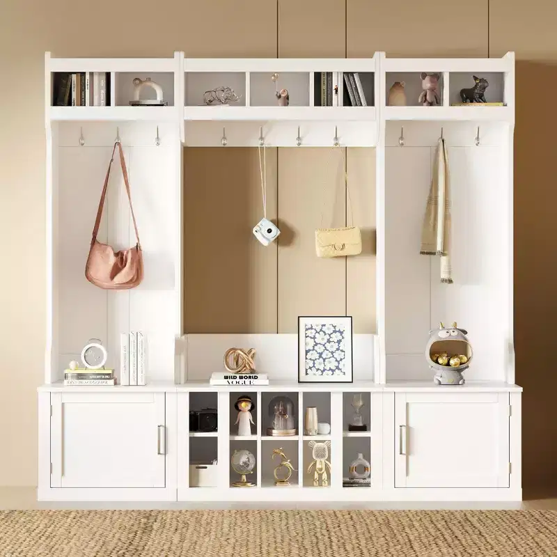 Wide Hall Tree with Entryway Bench and Shoe Cubbies, Coat Rack with Storage Shelves and 10 Hooks, Coat Tree for Hallway, White