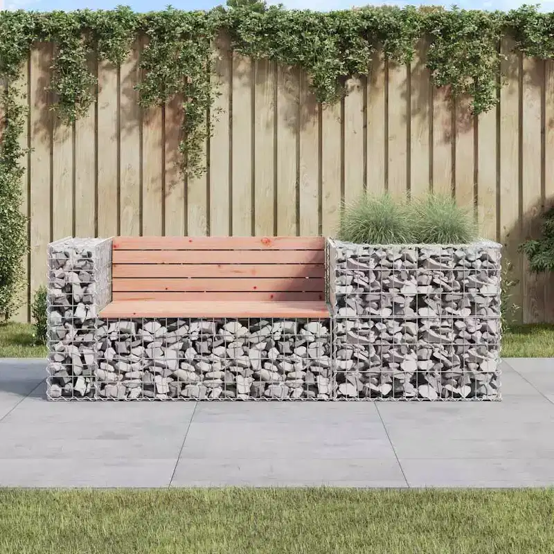 Garden Bench With Gabion Basket Natural brown wood and grey steel