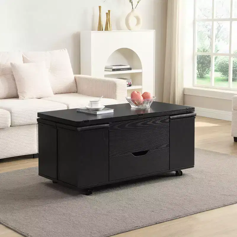 Multi-Function Modern Lift-Top Coffee Table with Hidden Storage, 4 Stools and Casters, Perfect for Modern Living Spaces