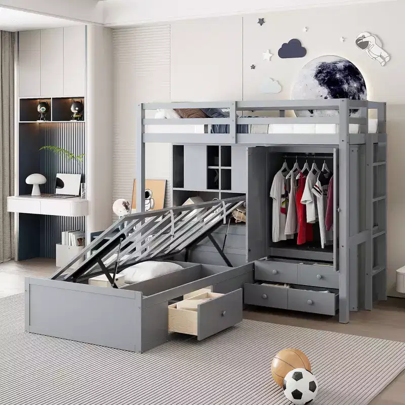 Twin Bunk Bed with Wardrobe and Drawers, Loft Bed Frame with Storage Shelves and Hydraulic Bed for Kids Adults