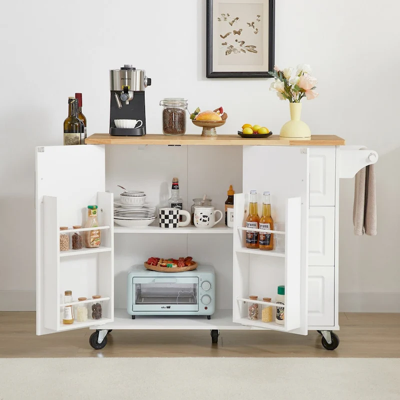 Kitchen Island with Drop Leaf Countertop and Rolling Cart