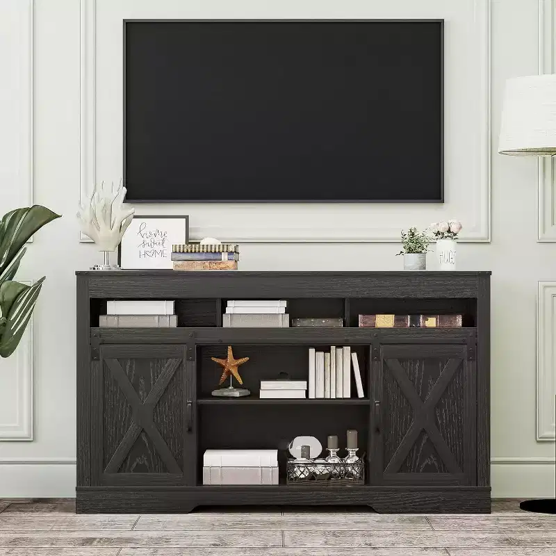 Farmhouse TV Stand with Sliding Barn Door for TVs up to 65''+, 34 Tall Entertainment Center for Bedroom, Living Room