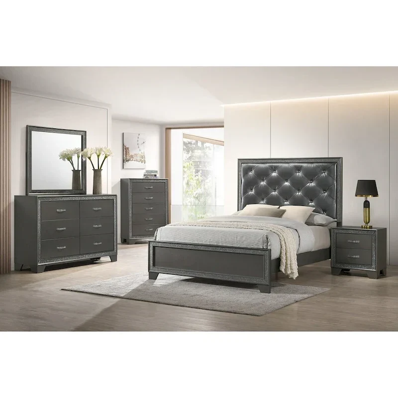 Hoyt Dark Gray Faux Leather Upholstered Tufted King Panel Bed
