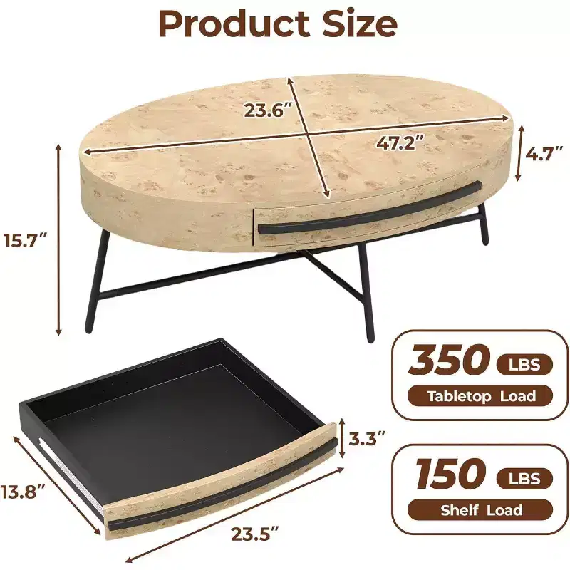 Acekool Oval Coffee Table with Drawer, 47.2 Wooden Storage Table with Cross Metal Legs  Mid-Century Modern Center Table in Natural & Golden Willow