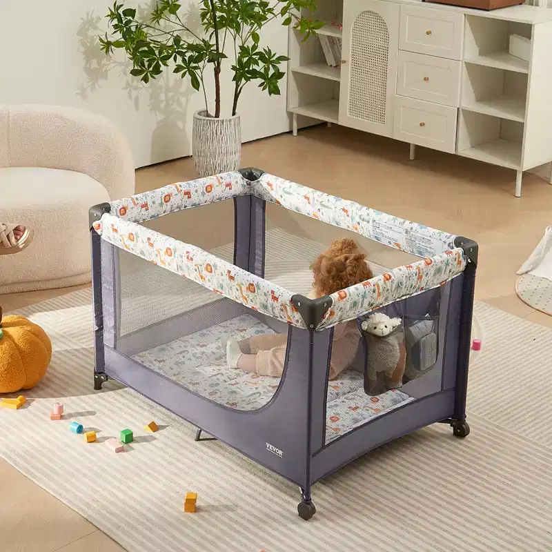 VEVOR Baby Playpen Travel Crib, Quick-Folding Playpen for Baby & Toddler,Portable Baby Fence Play Yard with Wheels,Breathable Mesh & Travel Bag, Gray