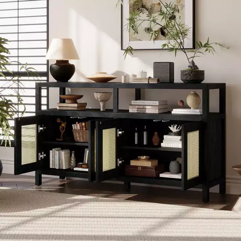 Boho Rattan Sideboard Buffet Cabinet, Solid Wood Frame Accent Storage Cabinet with Push-to-Open Doors and Adjustable Shelf