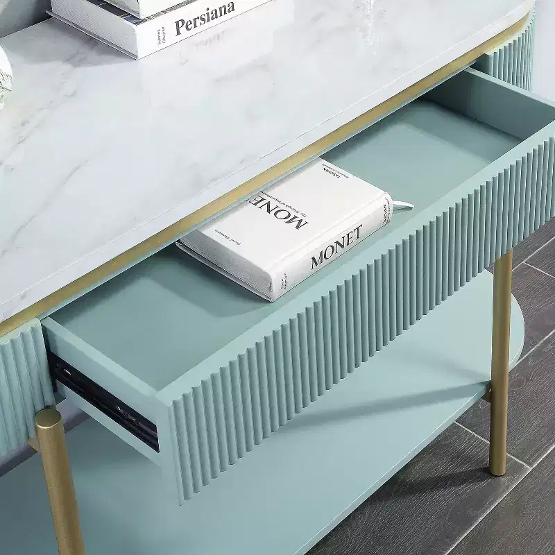 Faux Marble Sofa Table with Drawer, Gold Metal Frame, 48