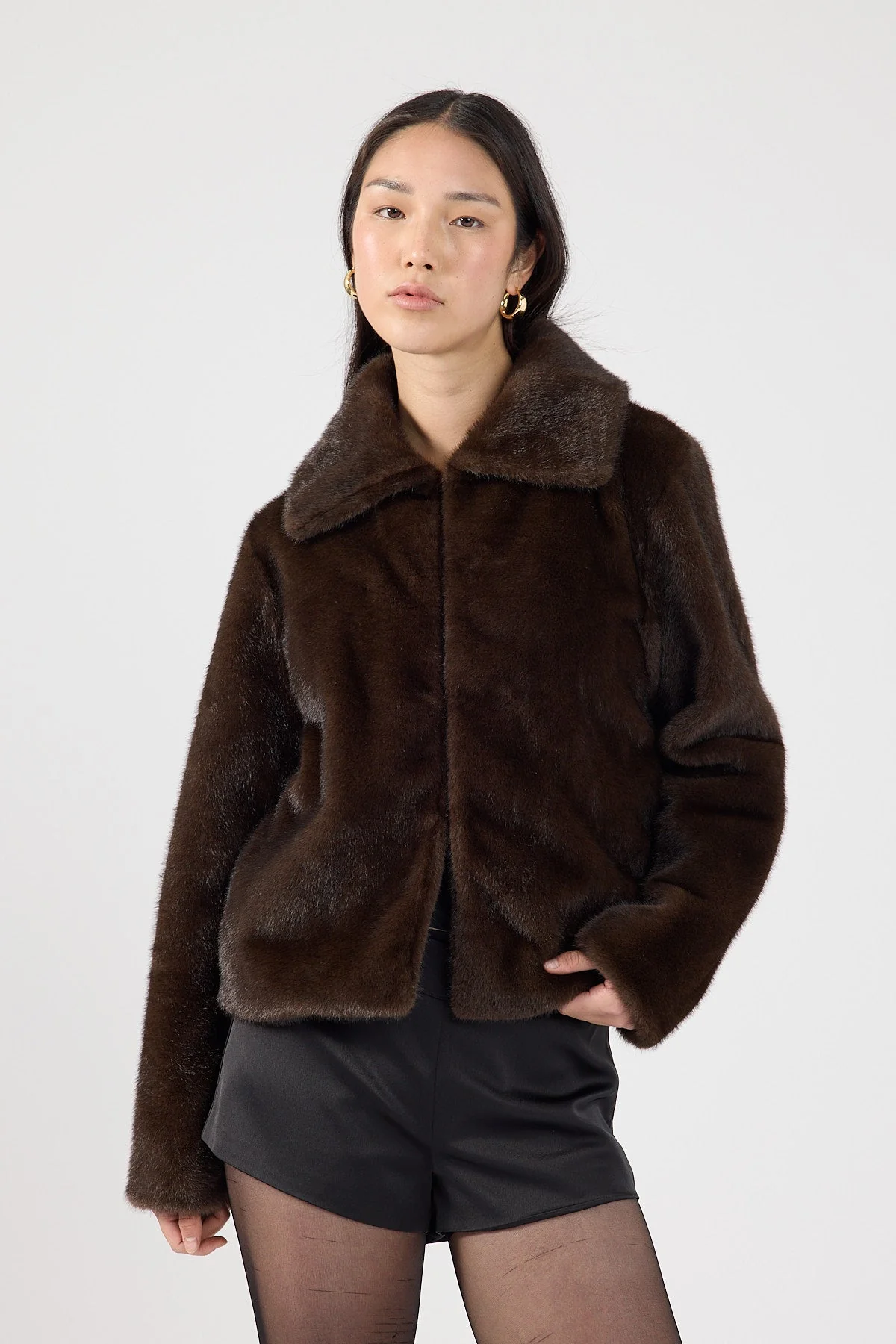 Cropped Faux Fur Jacket Brown